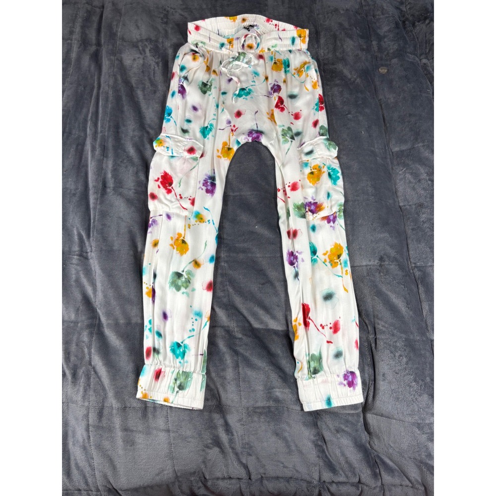Ruti Multicolor Watercolor Floral Cargo Jogger Pants White Elastic Waist 5731